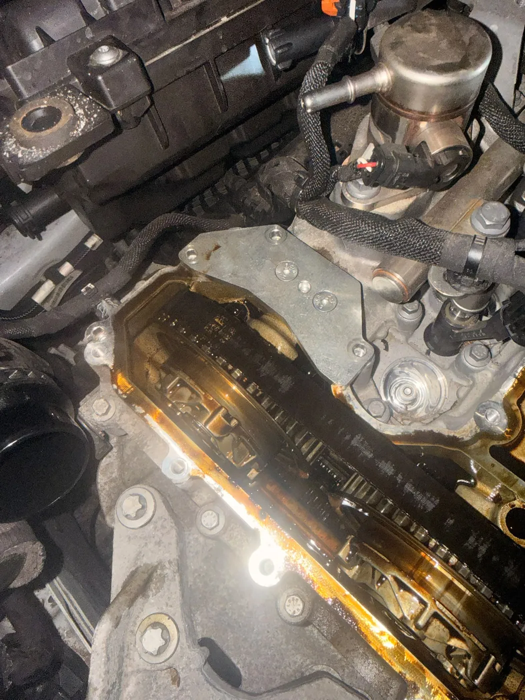 Exposed engine timing chain during mechanical work by Connor Waldron