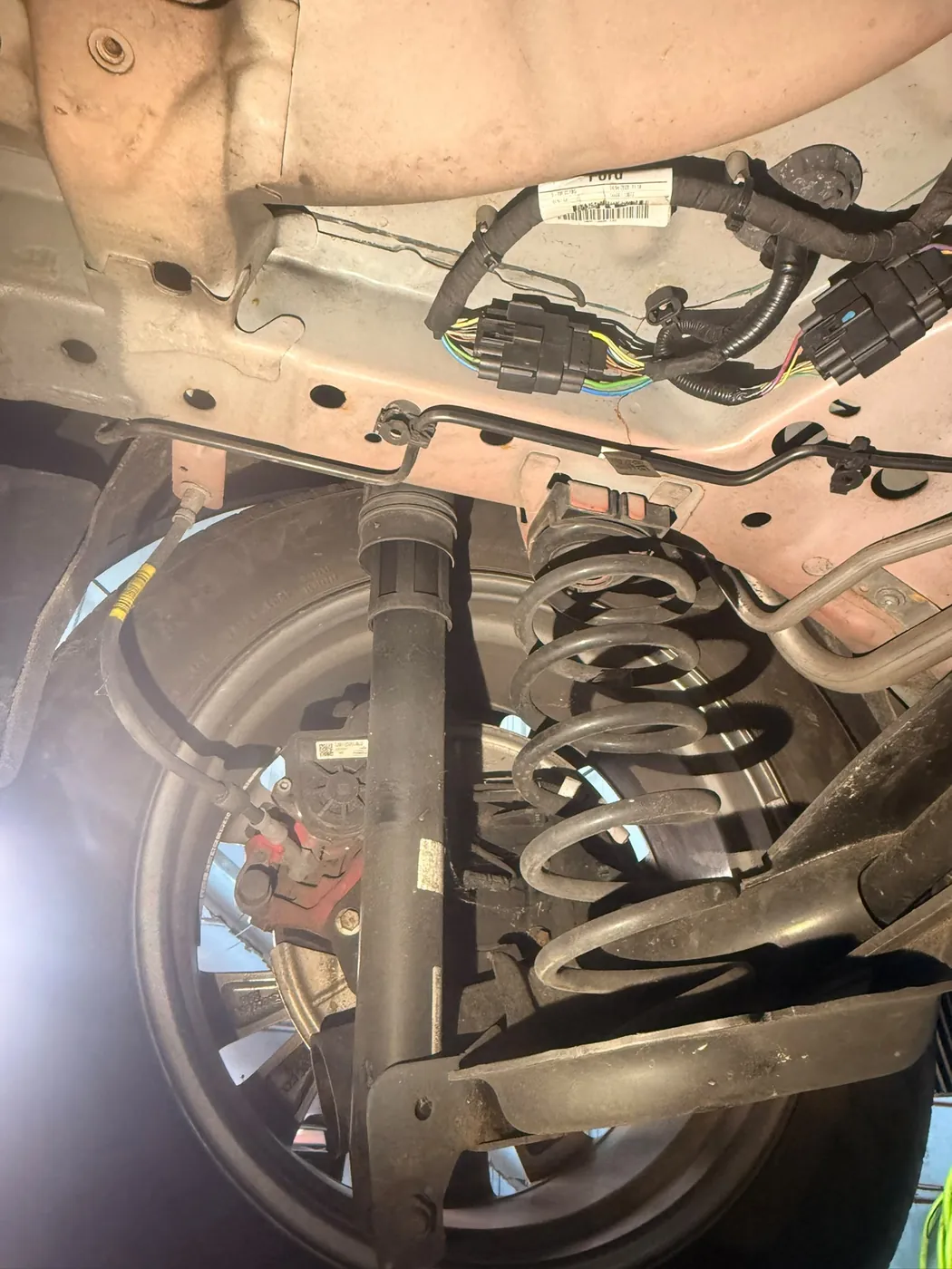 Connor Waldron inspecting a car's rear coil spring and suspension from underneath