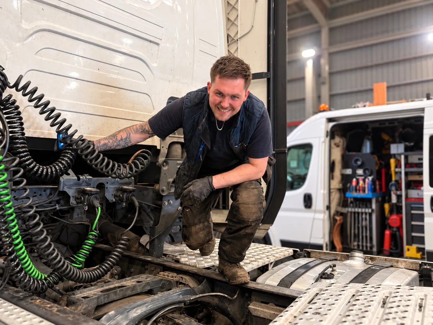 Connor Waldron, independent vehicle technician, at work on a commercial vehicle